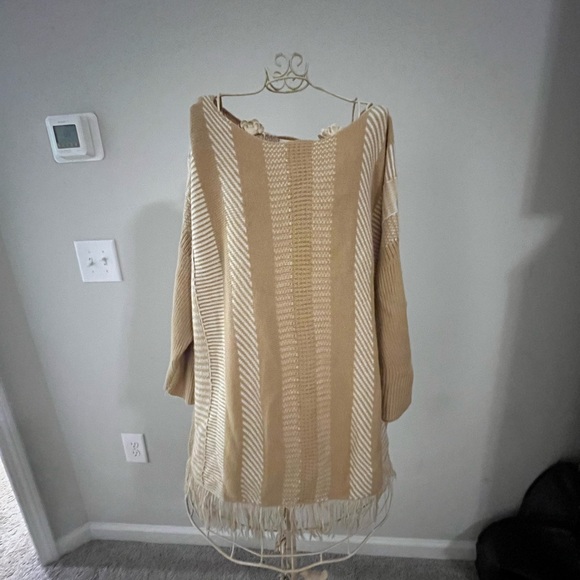 Chico's Sweaters - Chico's Tan and Cream Striped Sweater Poncho with Fringe Size 2 XL